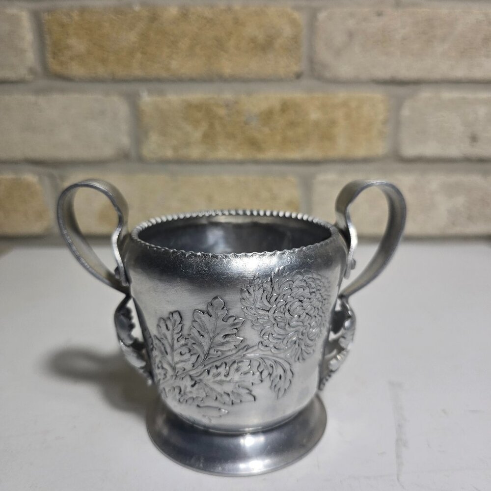 Vintage Pewter Floral Two-Handled Sugar Bowl Cup – Chrysanthemum Design – Mid Ce